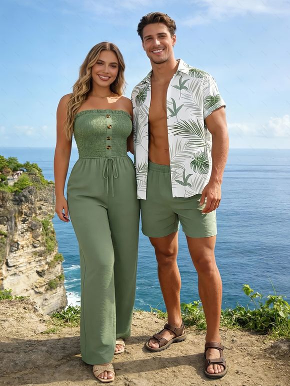 Casual Couple Outfit Solid Color Ruffle Off the Shoulder Wide Leg Jumpsuit and Leaf Print Shirt Set - Vert clair S | US 4