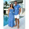 Vacation Couple Outfit Tropical Orchid Floral Print Pocket Long Dress and Shirt Set - Bleu Ciel S | US 4
