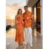Vacation Couple Outfit Tropical Orchid Floral Print Pocket Long Dress and Shirt Set - Orange S | US 4