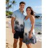 Vacation Couple Outfit Ombre Coconut Tree Pattern Spaghetti Strap V Neck A Line Mini Tank Dress and Button Up Shirt Beach Matching Outfit - Bleu clair S | US 4