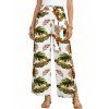 Vacation Pants Tropical Monstera Leaf Print Belt Wide Leg Pants - PLANT GREEN S | US 4