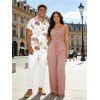 Casual Couple Outfit Solid Color Ruffle Off the Shoulder Wide Leg Jumpsuit and Leaf Print Shirt Set - Rose S | US 4