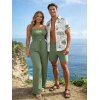 Casual Couple Outfit Solid Color Ruffle Off the Shoulder Wide Leg Jumpsuit and Leaf Print Shirt Set - Vert clair S | US 4