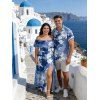 Vacation Couple Outfit Ink Wash Floral Print Flounce Smocked Slit Dress and Shirt Set - Bleu Ciel S | US 4