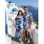 Vacation Couple Outfit Ink Wash Floral Print Flounce Smocked Slit Dress and Shirt Set - Bleu Ciel S | US 4