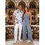 Casual Couple Outfit Solid Color Ruffle Off the Shoulder Wide Leg Jumpsuit and Leaf Print Shirt Set - Vert clair S | US 4