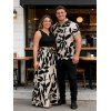 Vacation Couple Outfit Colorblock Minimalist Leaf Print V Notched Belt Dress and Shirt Set - Noir S | US 4
