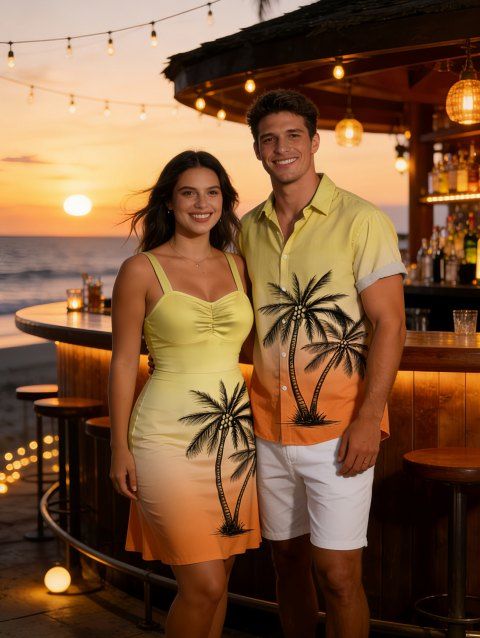 Vacation Couple Outfit for Beach Ombre Coconut Tree Print Mini Dress and Shirt Matching Set