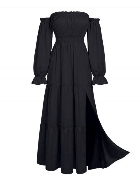 Party Dress Solid Color Ruffle Off the Shoulder Slit Maxi Dress