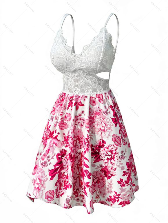 Hawaiian Couple Outfit Lace Hollow Out Rose Hibiscus Floral Print Cut Out Scalloped Dress and Shirt Set - Blanc S | US 4