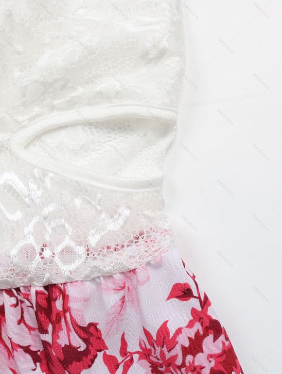Hawaiian Couple Outfit Lace Hollow Out Rose Hibiscus Floral Print Cut Out Scalloped Dress and Shirt Set - Blanc S | US 4