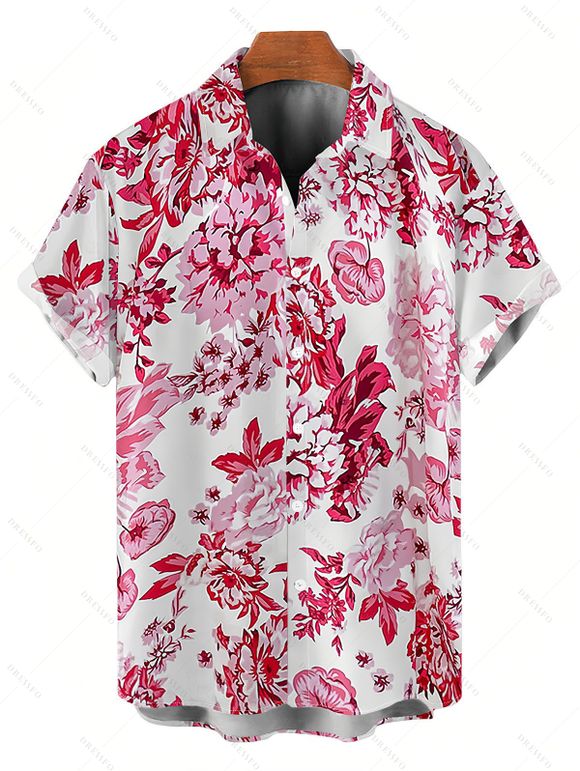 Hawaiian Couple Outfit Lace Hollow Out Rose Hibiscus Floral Print Cut Out Scalloped Dress and Shirt Set - Blanc S | US 4