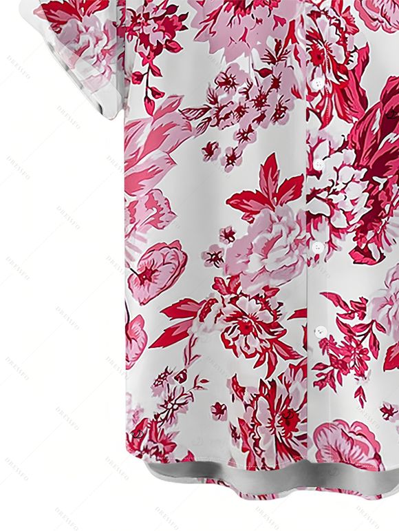 Hawaiian Couple Outfit Lace Hollow Out Rose Hibiscus Floral Print Cut Out Scalloped Dress and Shirt Set - Blanc S | US 4