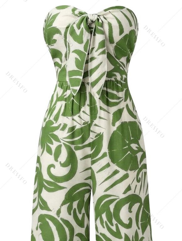 Vacation Jumpsuit Botanical Leaf Silhouette Print Bowknot Off the Shoulder Wide Leg Jumpsuit - Vert XL | US 12