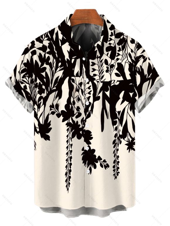 Vacation Couple Outfit Colorblock Ink Wash Botanical Print V Notched Belt Dress and Shirt Set - Noir S | US 4