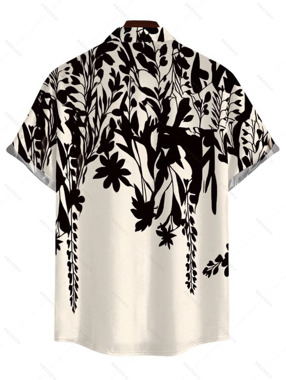 Vacation Couple Outfit Colorblock Ink Wash Botanical Print V Notched Belt Dress and Shirt Set - Noir S | US 4