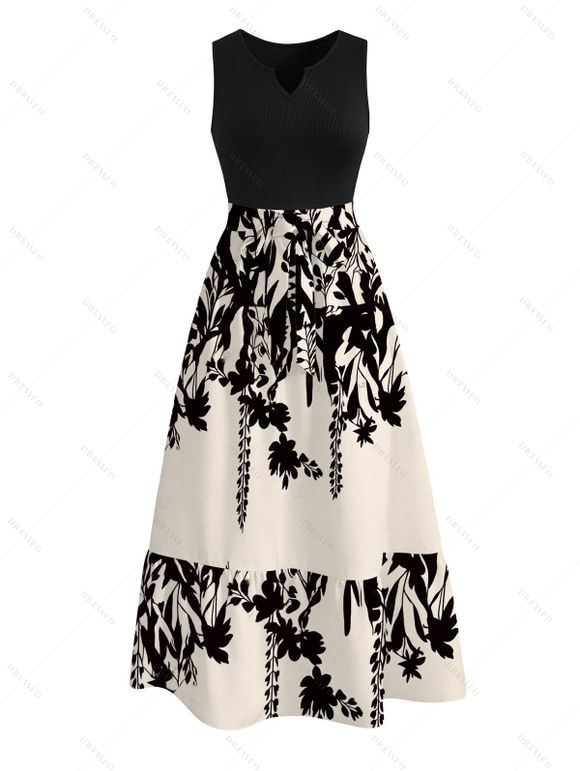 Vacation Couple Outfit Colorblock Ink Wash Botanical Print V Notched Belt Dress and Shirt Set - Noir S | US 4