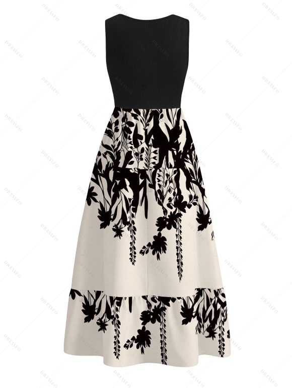 Vacation Dress Colorblock Ink Wash Botanical Print V Notched Belt Dress - Noir XXXXXL | US 20