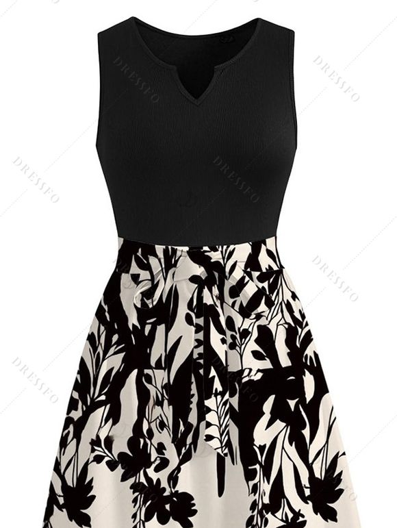 Vacation Dress Colorblock Ink Wash Botanical Print V Notched Belt Dress - Noir XXXXXL | US 20
