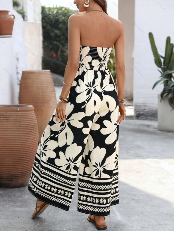 Bohemian Wide Leg Jumpsuit Colorblock Tribal Abstract Floral Print Bowknot Off the Shoulder Jumpsuit - Noir XL | US 10