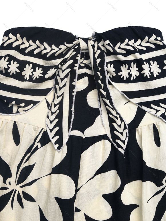 Hawaii Couple Outfit Tribal Hibiscus Floral Print Bowknot Off the Shoulder Jumpsuit and Shirt Set - Noir S | US 4