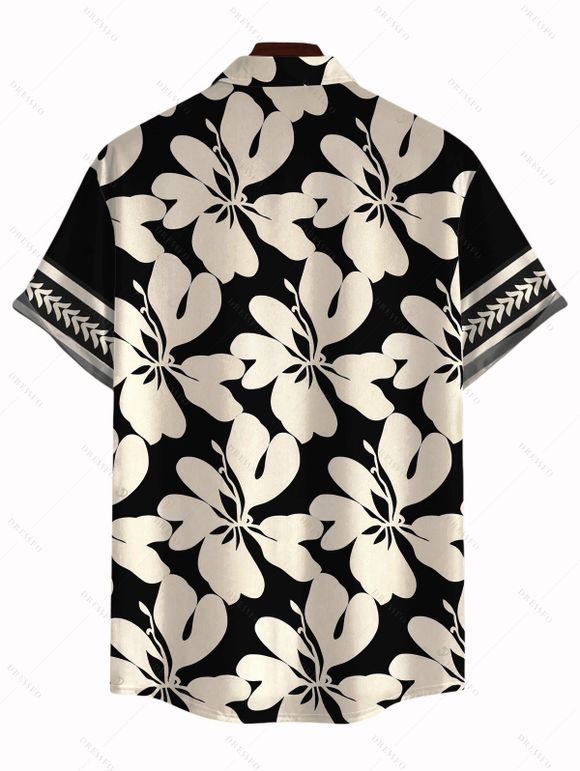 Hawaii Couple Outfit Tribal Hibiscus Floral Print Bowknot Off the Shoulder Jumpsuit and Shirt Set - Noir S | US 4