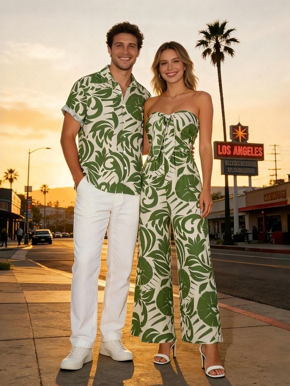 Vacation Couple Outfit Botanical Leaf Print Bowknot Off the Shoulder Jumpsuit and Shirt Set - Vert S | US 4