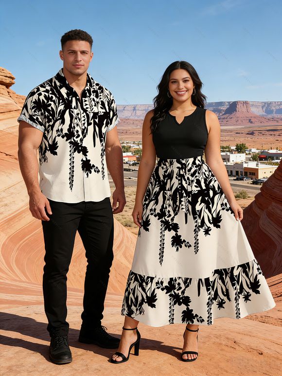 Vacation Couple Outfit Colorblock Ink Wash Botanical Print V Notched Belt Dress and Shirt Set - Noir S | US 4