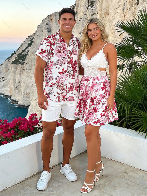 Hawaiian Couple Outfit Lace Hollow Out Rose Hibiscus Floral Print Cut Out Scalloped Dress and Shirt Set - Blanc S | US 4