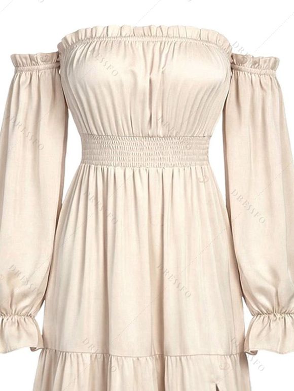 Party Dress Solid Color Ruffle Off the Shoulder Slit Maxi Dress - café lumière XL | US 12