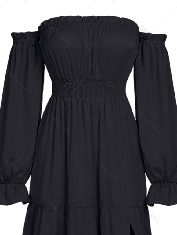 Party Dress Solid Color Ruffle Off the Shoulder Slit Maxi Dress - Noir XL | US 12