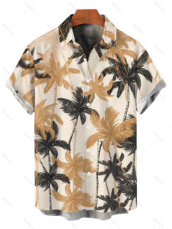 Vacation Couple Outfit Solid Color Ruffle Off the Shoulder Slit Dress and Coconut Tree Print Shirt Set - café lumière S | US 4