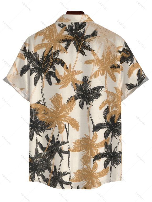 Vacation Couple Outfit Solid Color Ruffle Off the Shoulder Slit Dress and Coconut Tree Print Shirt Set - café lumière S | US 4