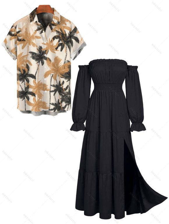 Vacation Couple Outfit Solid Color Ruffle Off the Shoulder Slit Dress and Coconut Tree Print Shirt Set - Noir S | US 4