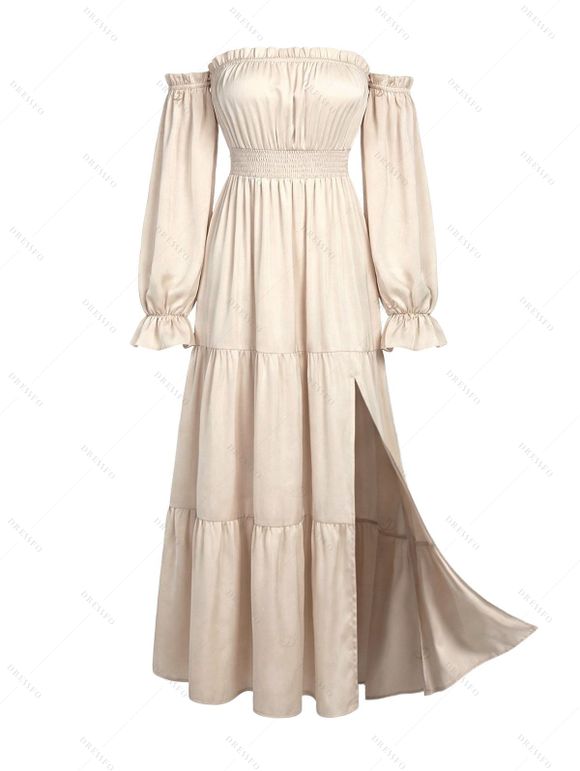 Vacation Couple Outfit Solid Color Ruffle Off the Shoulder Slit Dress and Coconut Tree Print Shirt Set - café lumière S | US 4