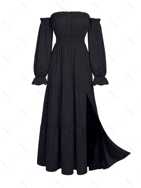 Vacation Couple Outfit Solid Color Ruffle Off the Shoulder Slit Dress and Coconut Tree Print Shirt Set - Noir S | US 4