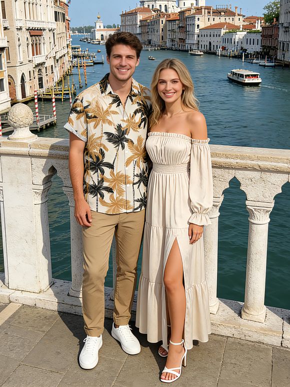 Vacation Couple Outfit Solid Color Ruffle Off the Shoulder Slit Dress and Coconut Tree Print Shirt Set - café lumière S | US 4