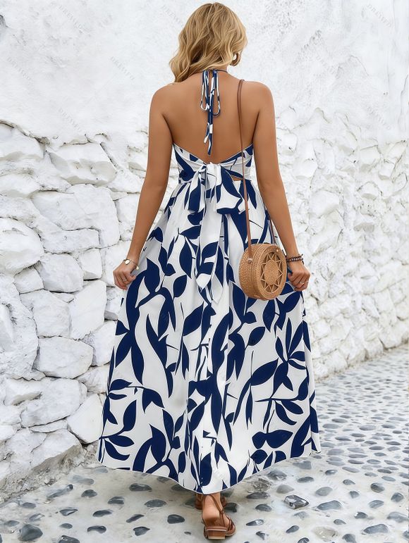 Vacation Dress Minimalist Leaf Pattern Twisted Cut Out Slit Halter Maxi Dress - Bleu S | US 4