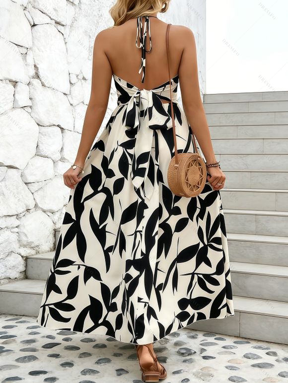 Vacation Couple Outfit Minimalist Leaf Pattern Twisted Cut Out Slit Halter Dress and Shirt Set - Noir S | US 4