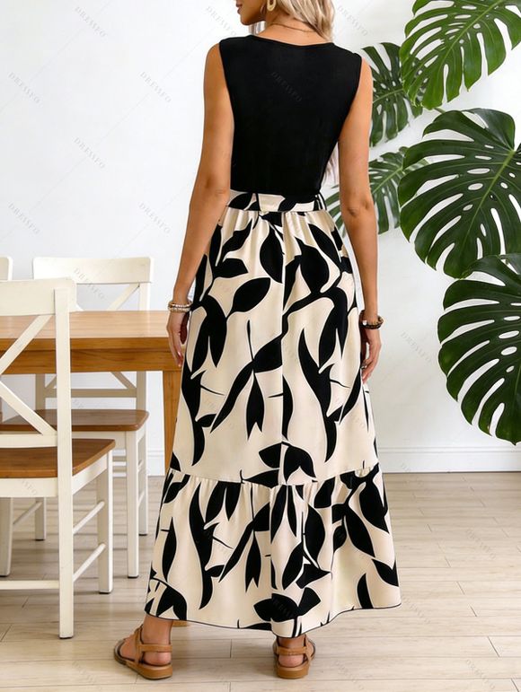 Vacation Couple Outfit Colorblock Minimalist Leaf Print V Notched Belt Dress and Shirt Set - Noir S | US 4