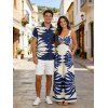 Vacation Couple Outfit Tropical Leaf Silhouette Print Twisted Wide Leg Jumpsuit and Shirt Set - Bleu profond S | US 4