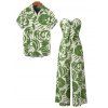 Vacation Couple Outfit Botanical Leaf Print Bowknot Off the Shoulder Jumpsuit and Shirt Set - Vert S | US 4