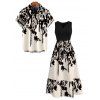 Vacation Couple Outfit Colorblock Ink Wash Botanical Print V Notched Belt Dress and Shirt Set - Noir S | US 4