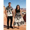 Vacation Couple Outfit Colorblock Ink Wash Botanical Print V Notched Belt Dress and Shirt Set - Noir S | US 4