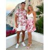 Hawaiian Couple Outfit Lace Hollow Out Rose Hibiscus Floral Print Cut Out Scalloped Dress and Shirt Set - Blanc S | US 4