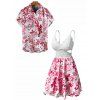 Hawaiian Couple Outfit Lace Hollow Out Rose Hibiscus Floral Print Cut Out Scalloped Dress and Shirt Set - Blanc S | US 4