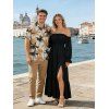 Vacation Couple Outfit Solid Color Ruffle Off the Shoulder Slit Dress and Coconut Tree Print Shirt Set - Noir S | US 4