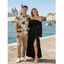 Vacation Couple Outfit Solid Color Ruffle Off the Shoulder Slit Dress and Coconut Tree Print Shirt Set - café lumière S | US 4