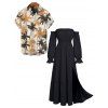 Vacation Couple Outfit Solid Color Ruffle Off the Shoulder Slit Dress and Coconut Tree Print Shirt Set - Noir S | US 4