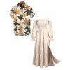 Vacation Couple Outfit Solid Color Ruffle Off the Shoulder Slit Dress and Coconut Tree Print Shirt Set - café lumière S | US 4